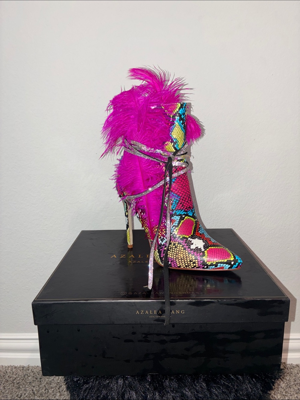 Azalea Wang Pink Feathered Snakeskin-Print Stiletto Bootie